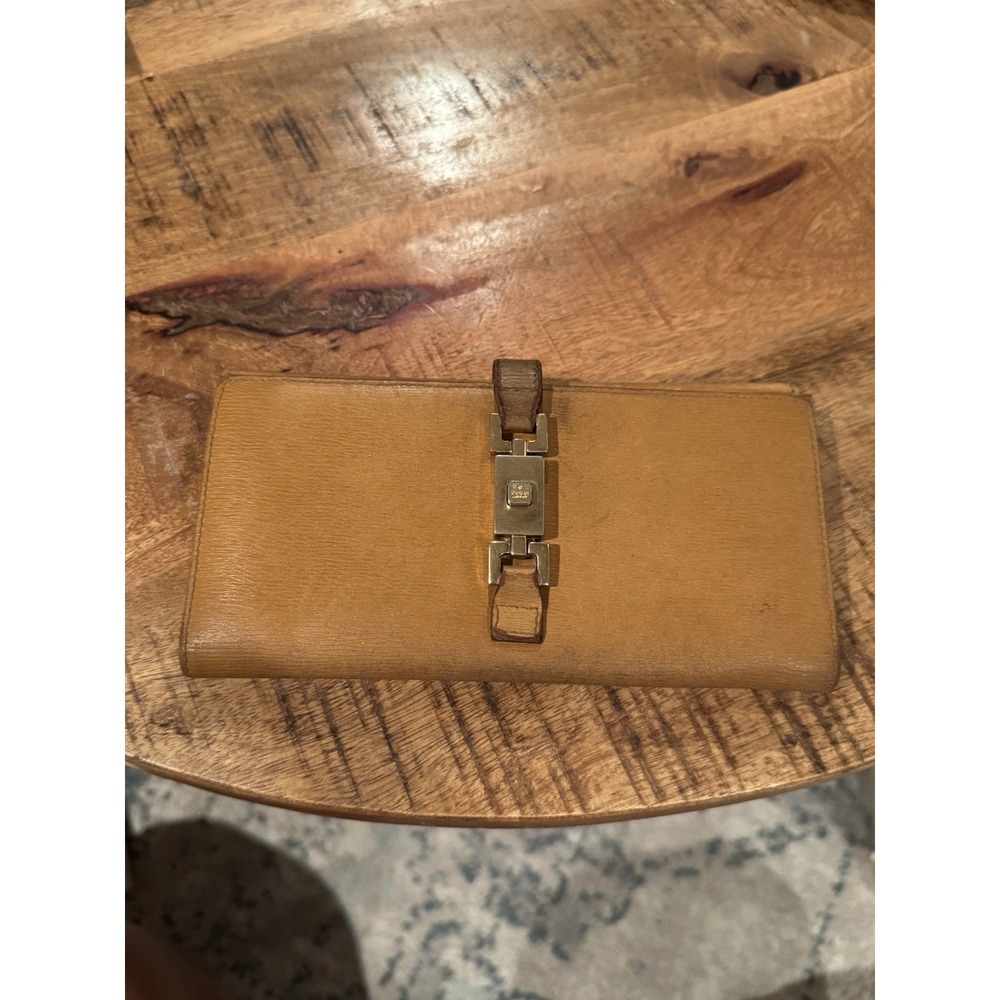 Authentic‎ Gucci Vintage Tan Leather Clutch Wallet Jackie Clasp Italy